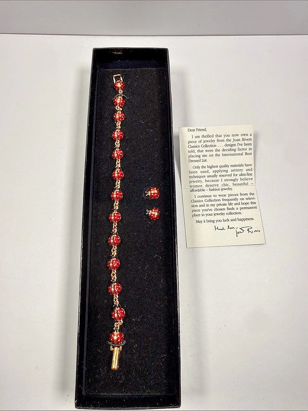 Joan Rivers Classics Collection Red Ladybug Link Bracelet and Earrings Set Red